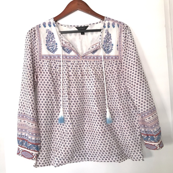 J. Crew Tops - J Crew cotton peasant top tunic blouse shirt white blue red size 4